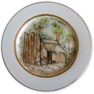 Bush Hut plate hand painted by Anne Blake finished with metallic paints