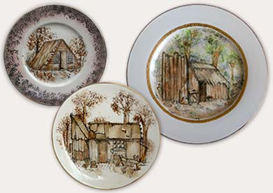 selection of Aussie Bush Hut plates painted by Anne Blake