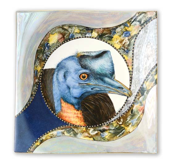 Cassowary dish painted by Anne Blake